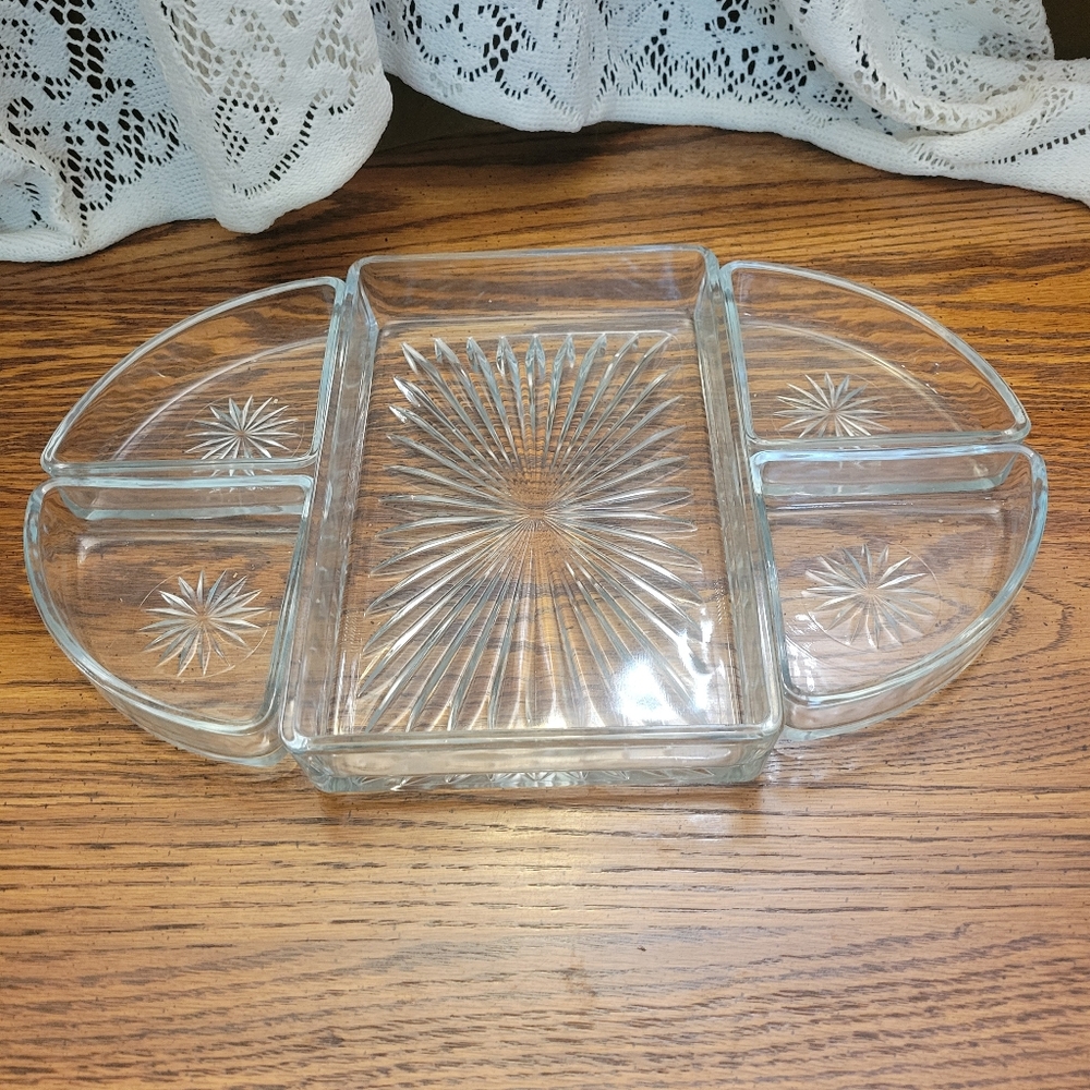 Vintage Mid-Century Oval Glass Relish Serving Tray Divided 5-pcs.